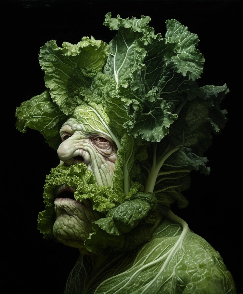 Kale head, upper body, realistic, oil painting by Alan Lee Hieronymous Bosch H R Giger Francis Bacon Caravaggio, scary, creepy