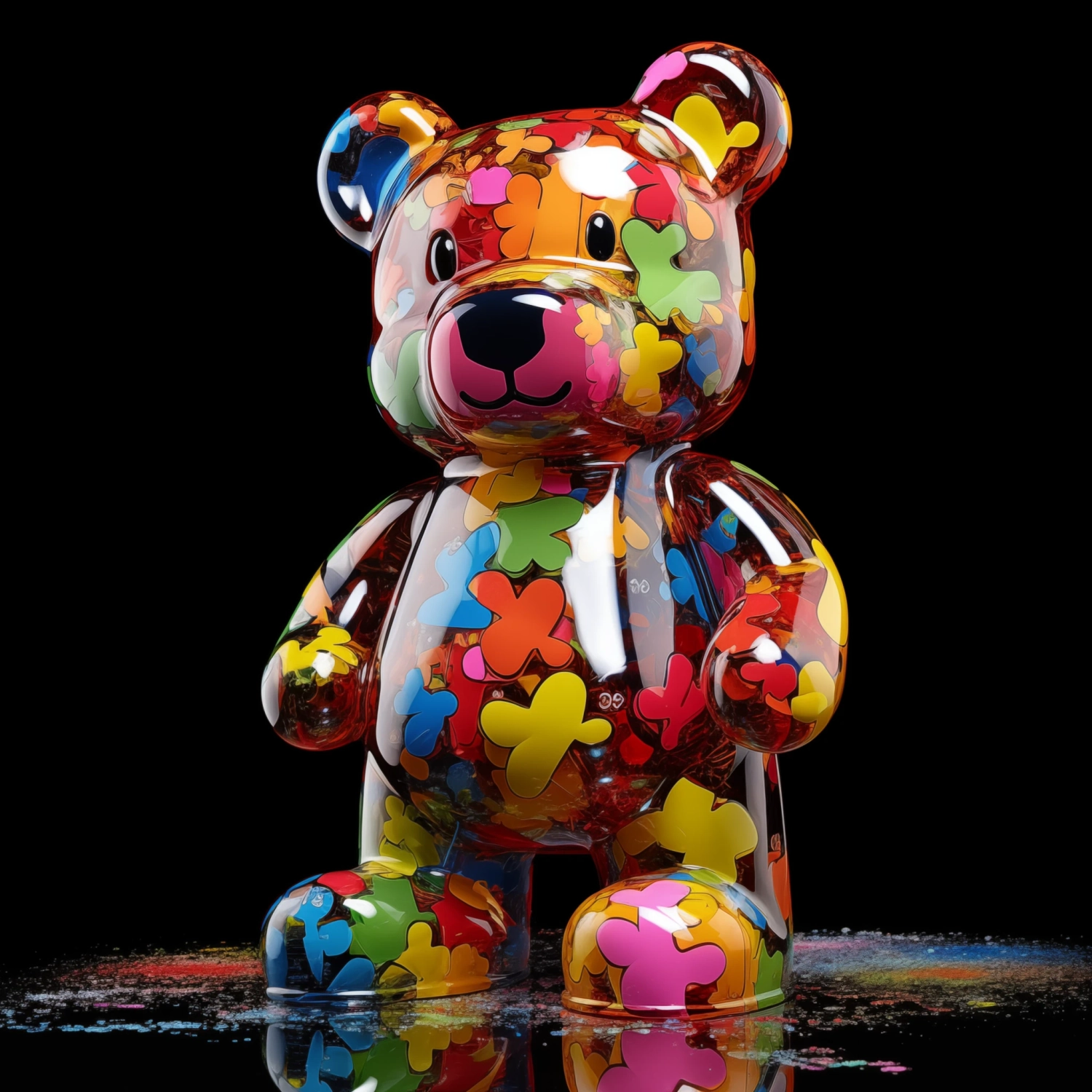 1.60 meter wide on which bearbrick can be seen with a bottle of domperidone. additional colored blobs in pop art style, file requires the highest resolution to be able to print it out
