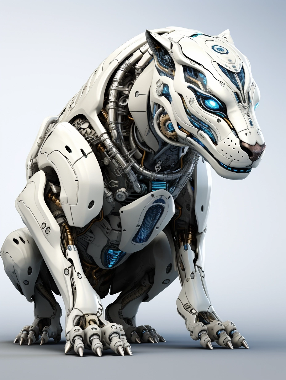 A distopian fantasy creature of artificial intelligence, white background