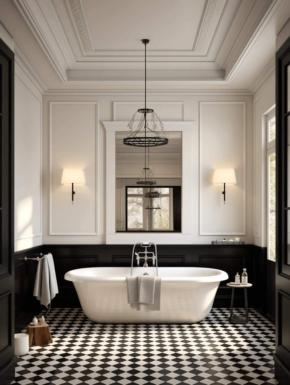 Minimalist French style bathroom, black and white tiles, simple ceiling, no main light design, simple line ceiling, French elegant and understated, black bathtub, double basin sink