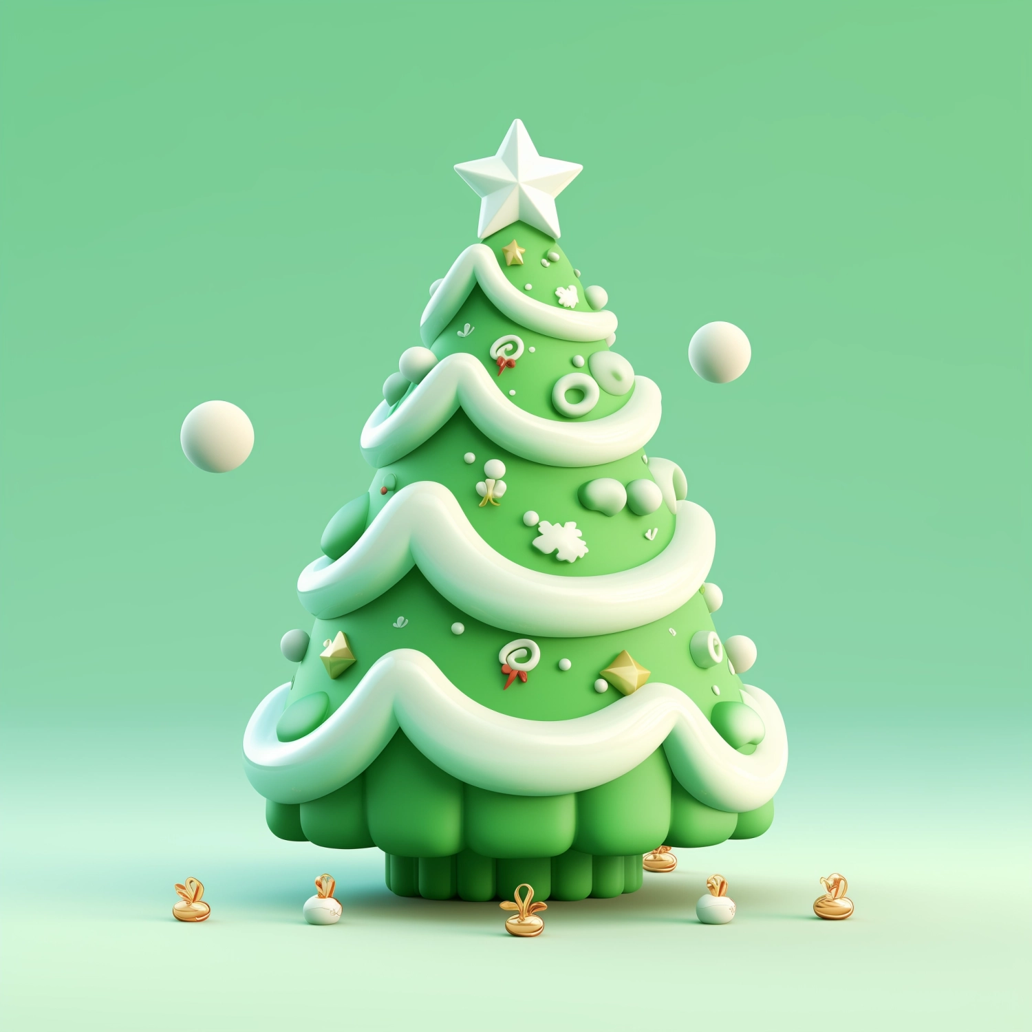 Christmas tree, Christmas 3D icon design, cute christmas tree 3D rendering, super cute by POP Mart, green and white gradient background, right full model isometric view, clean background