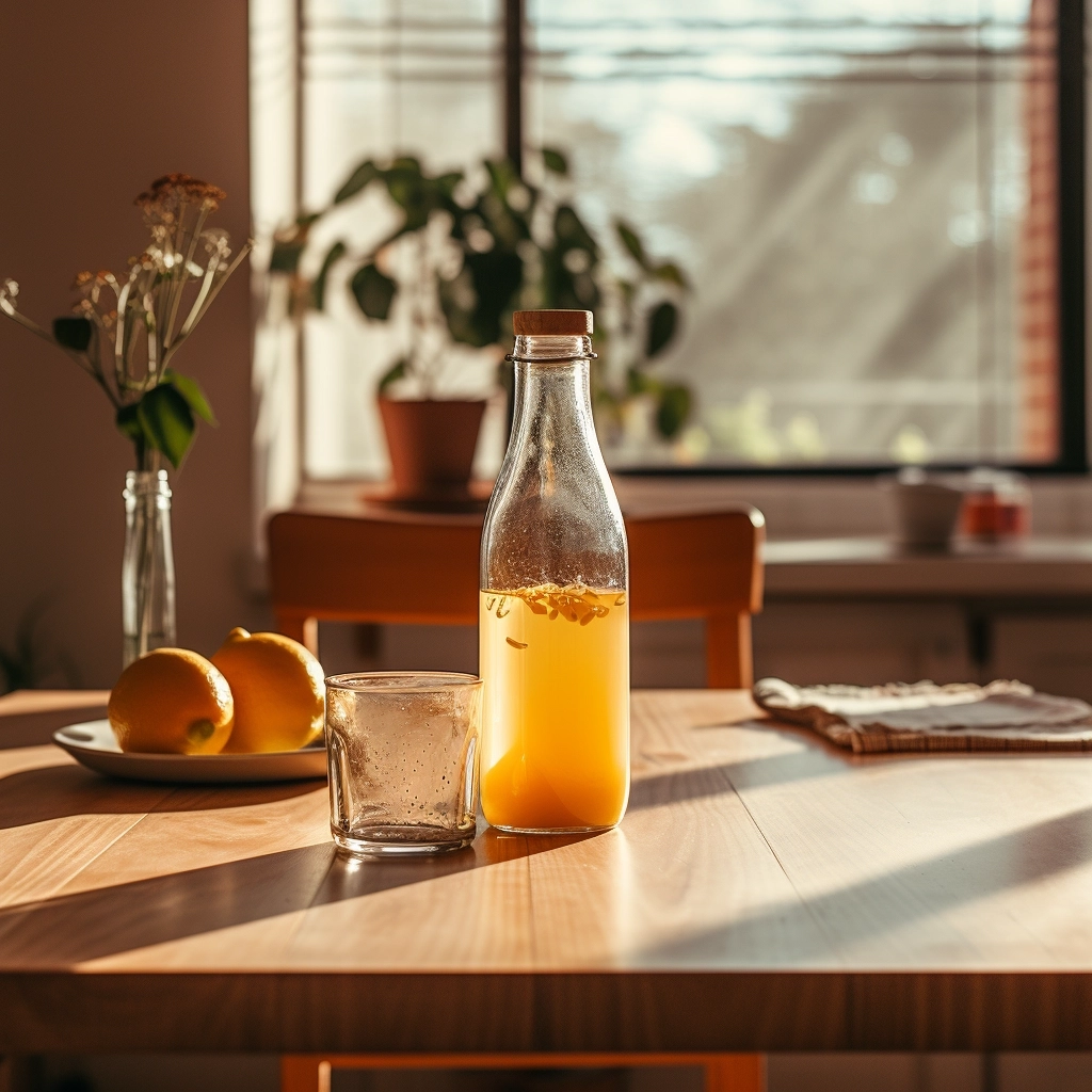 Table in a modern kitchen, orange juice bottle, breakfast, close-up, golden hour, soft light, shot on fujifilm
