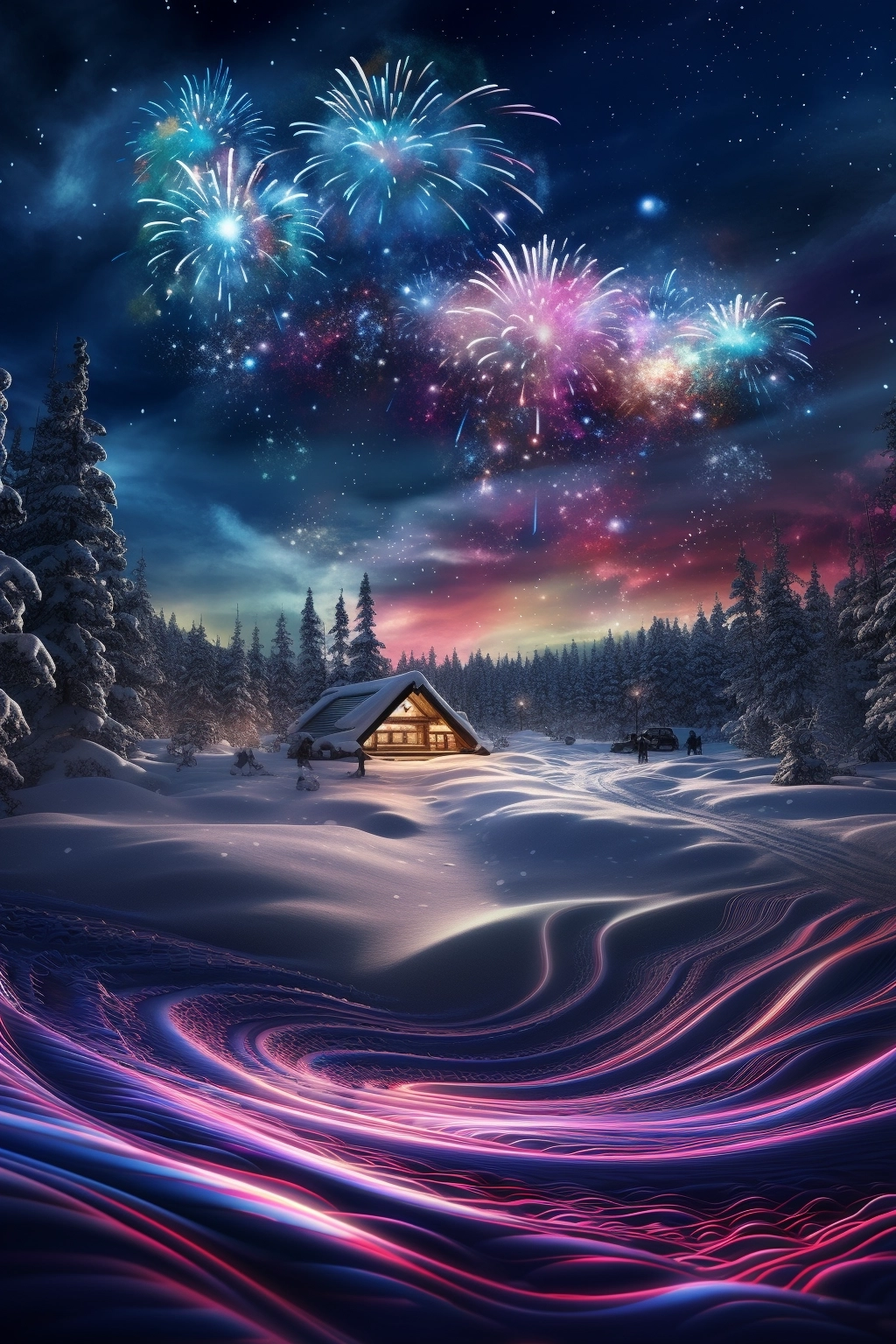 Cinematic image of a snowy christmas landscape, neon lines, high detail