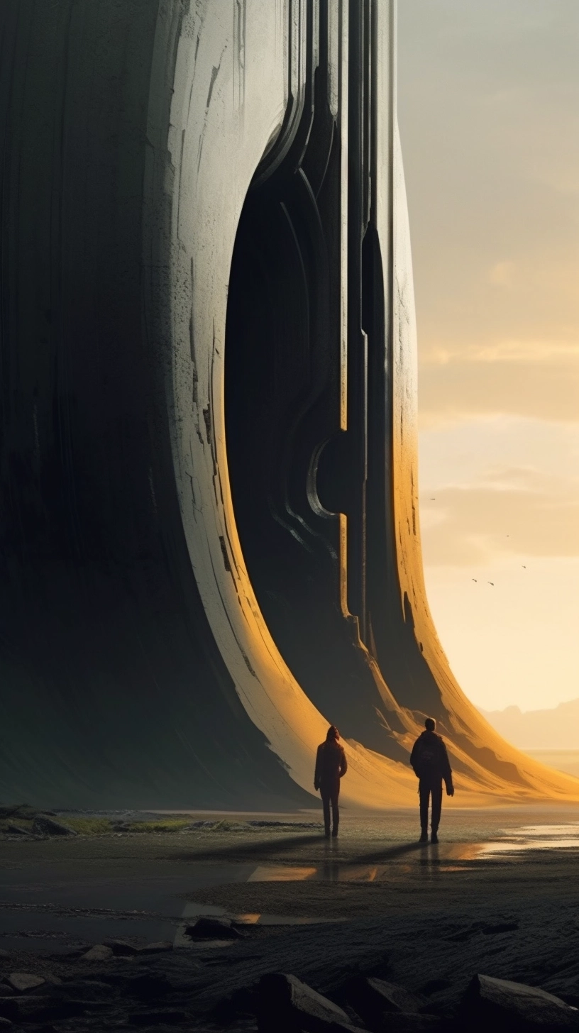 A man standing before a giant round monolith