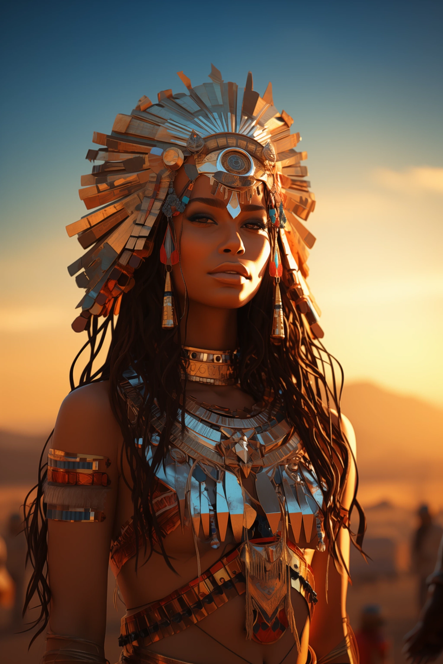 Digital painting, medieval fantasy character, beautiful cyber egyptian mechanical female android queen, pyramids, sunrise