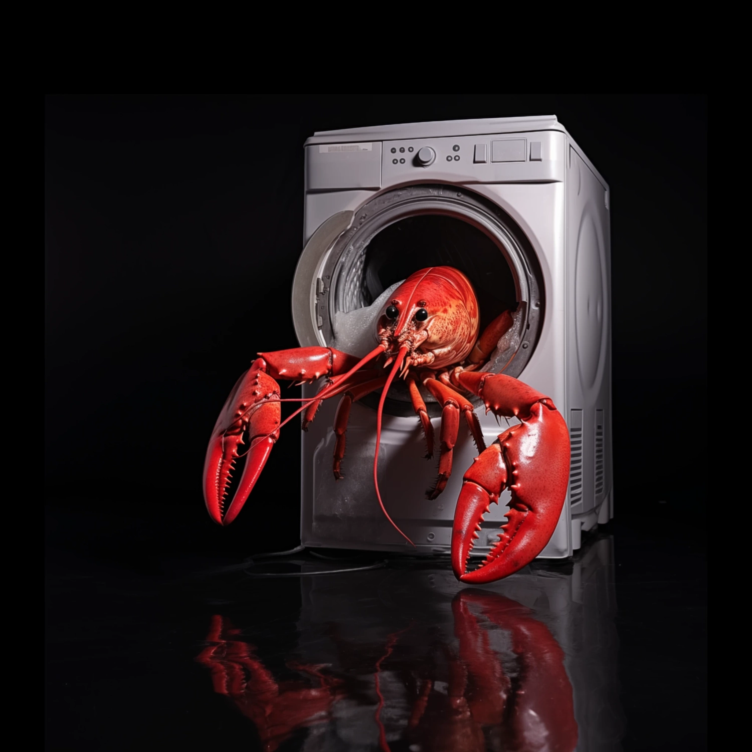 A lobster resting on top of a washing machine with the door open, subject isolated on a black background, medium shot, wide angle, theatre light