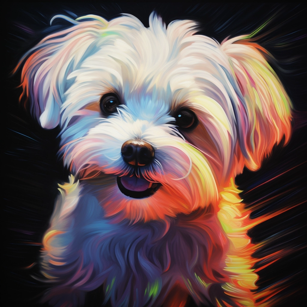 Glowing colorful painting, funny close up maltese, black background, defined, cell shaded style, neon realism
