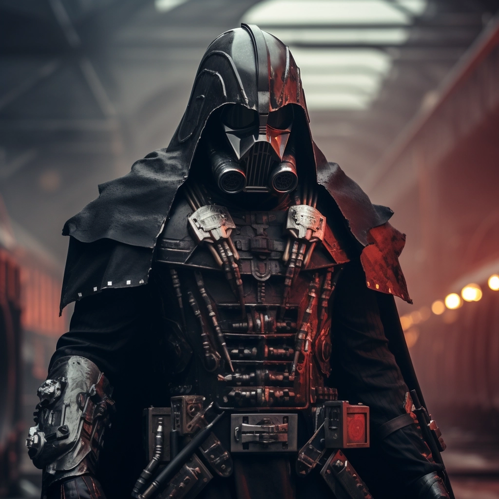 Darth vader in a cyberpunk world wearing an armor made of steam machinery