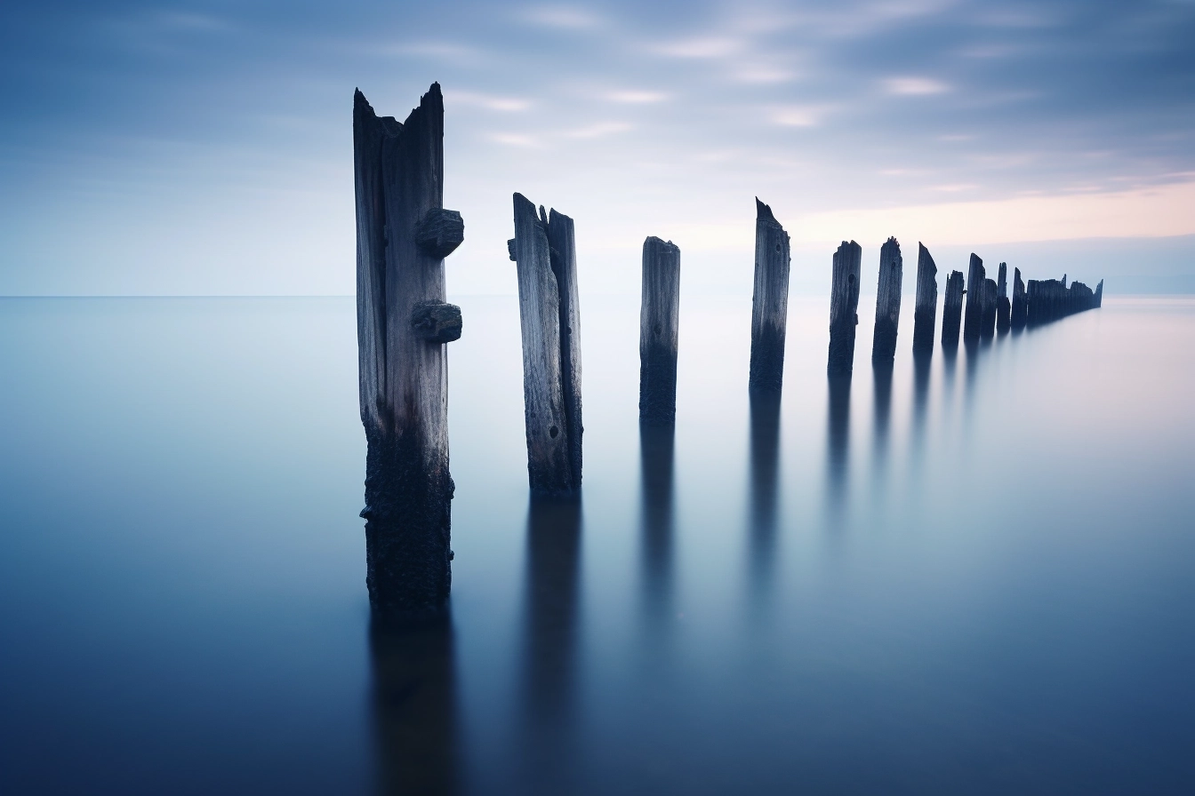 Wood posts in twilight, shot by ooi chi, in the style of monochrome landscapes, ethereal sculptures, romantic ruins, translucent water, long exposure, dutch marine scenes, focus stacking