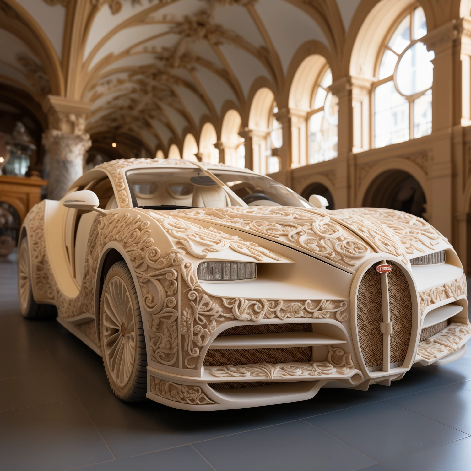 Bugatti built of sandstone and marble in the style of the Romans and Greeks super hyper realistic