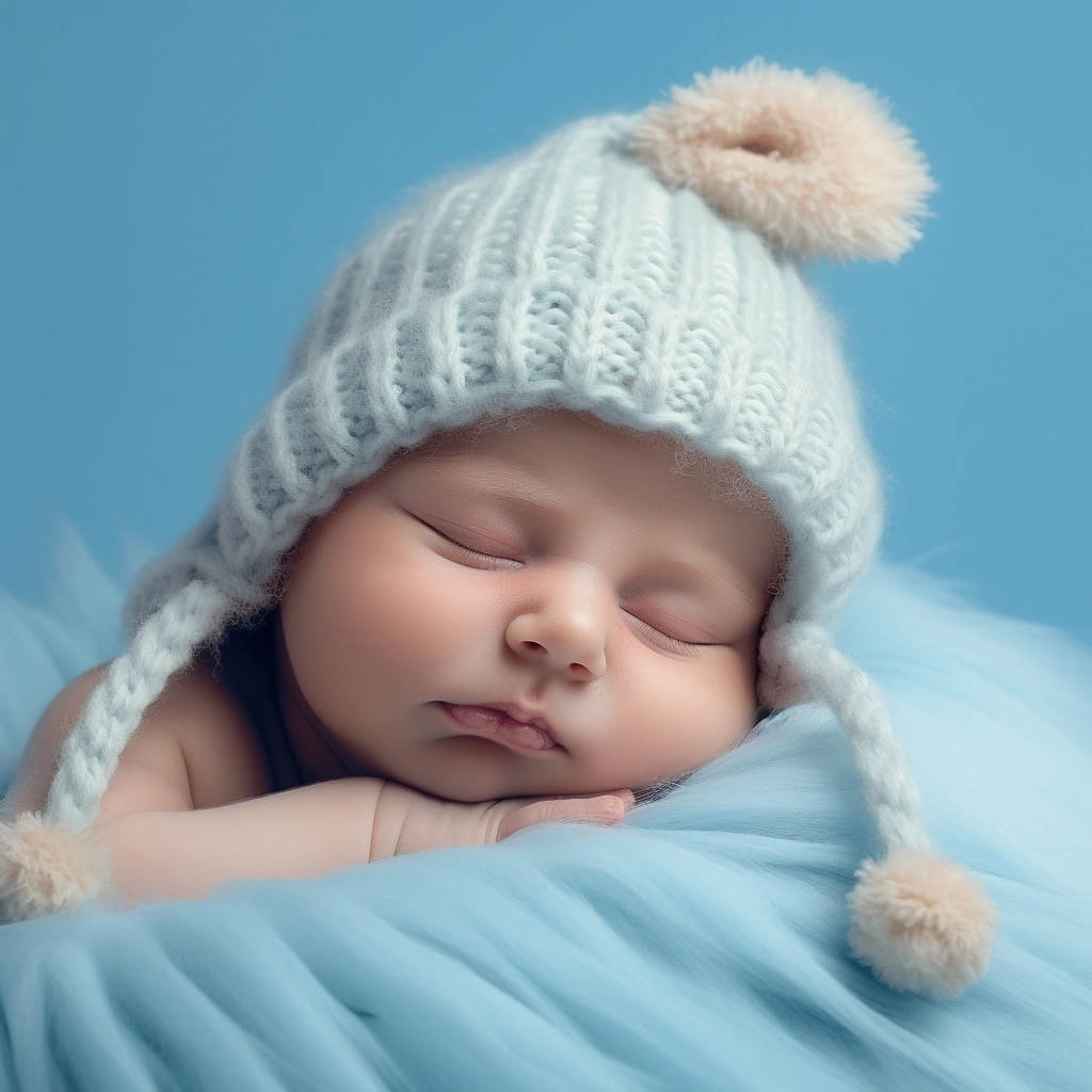 Baby asleep, cute hat, light blue backgroudn