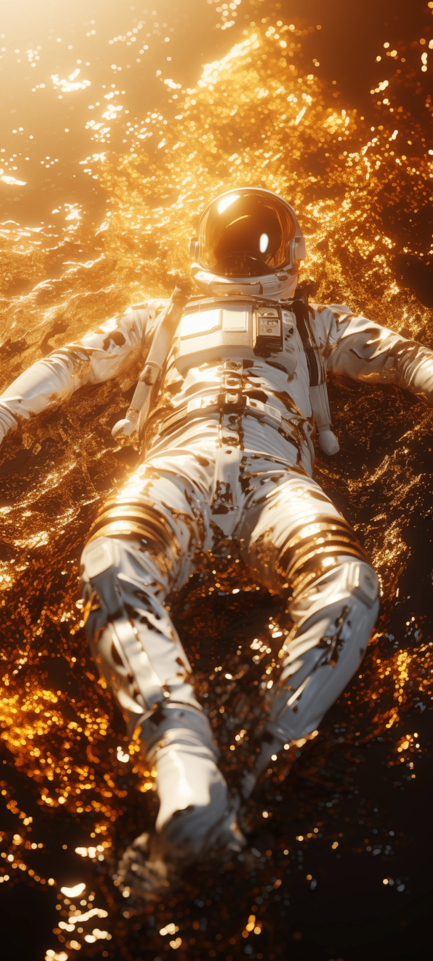 White suit astronaut laying down in a molten gold liquid, unreal engine, arial view