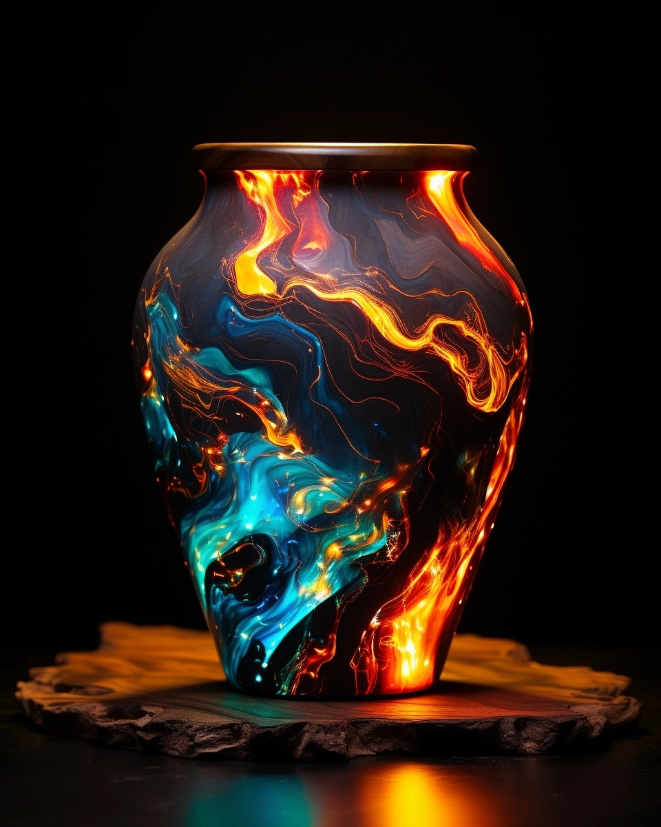 Fine art vase made of music visualizer, neon resin, vibrating energy fields, dripping trippy, high end gallery