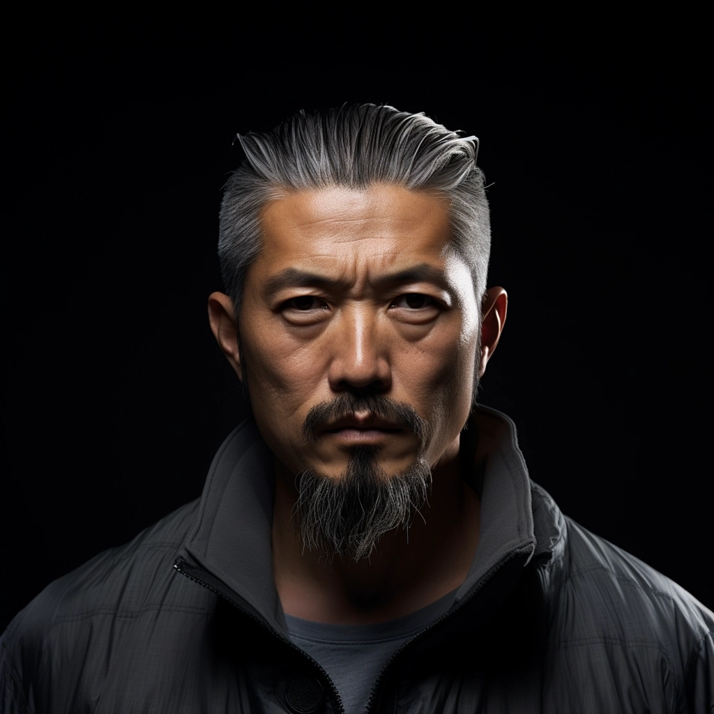 In realistic photography, front view, a charismatic japanese man, with a goatee, he’s a model, he poses like an influencer