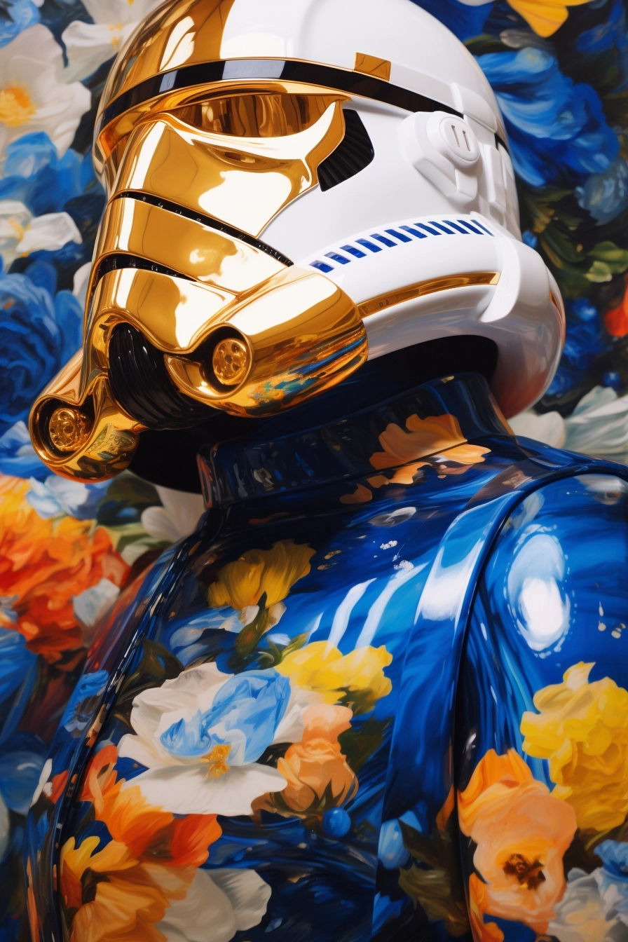 Abstract depiction of the stormtrooper. Realistic style human face. Painting in the style of both Gustav klimt and James Jean