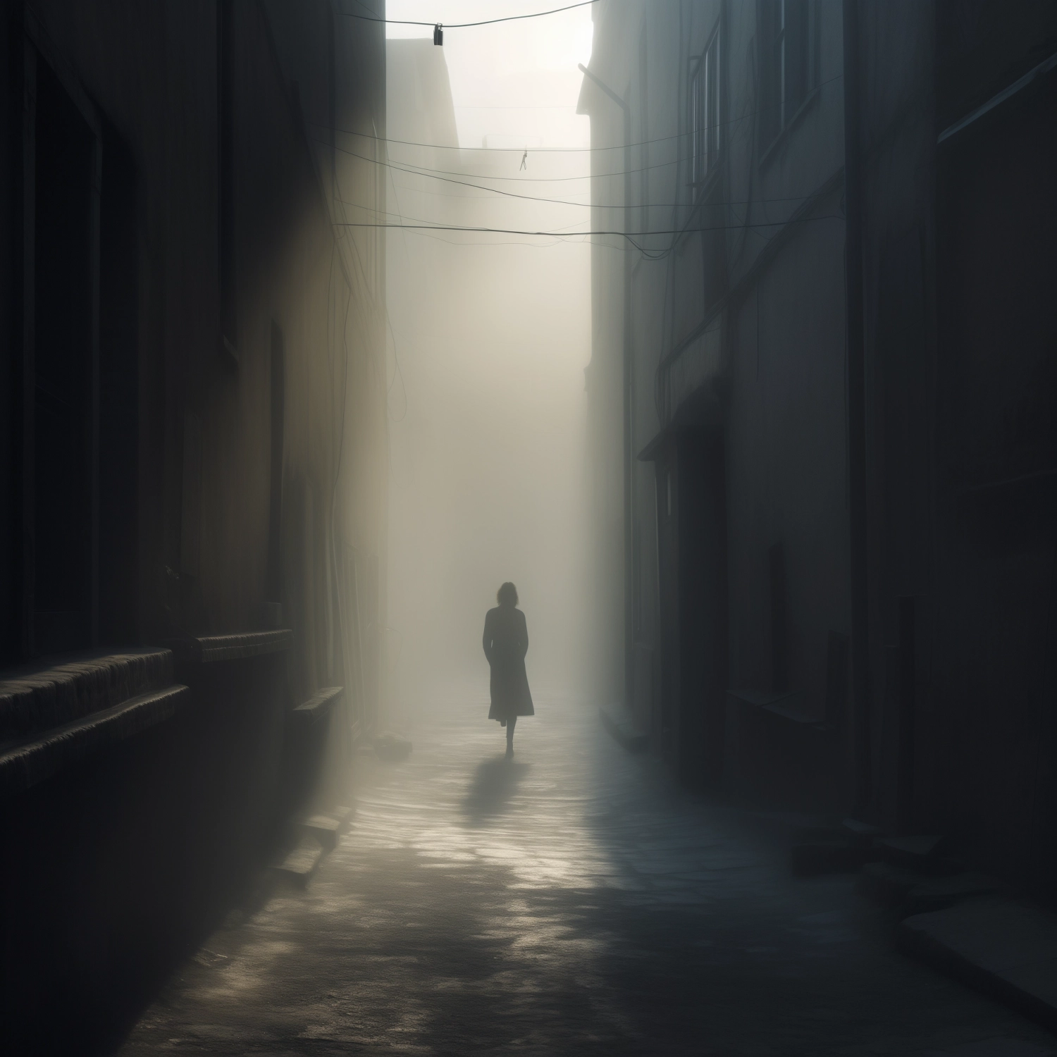 A woman silhouette, view from behind, walking on an alley, misty image, grey antmosphere, soft light, painterly rendering