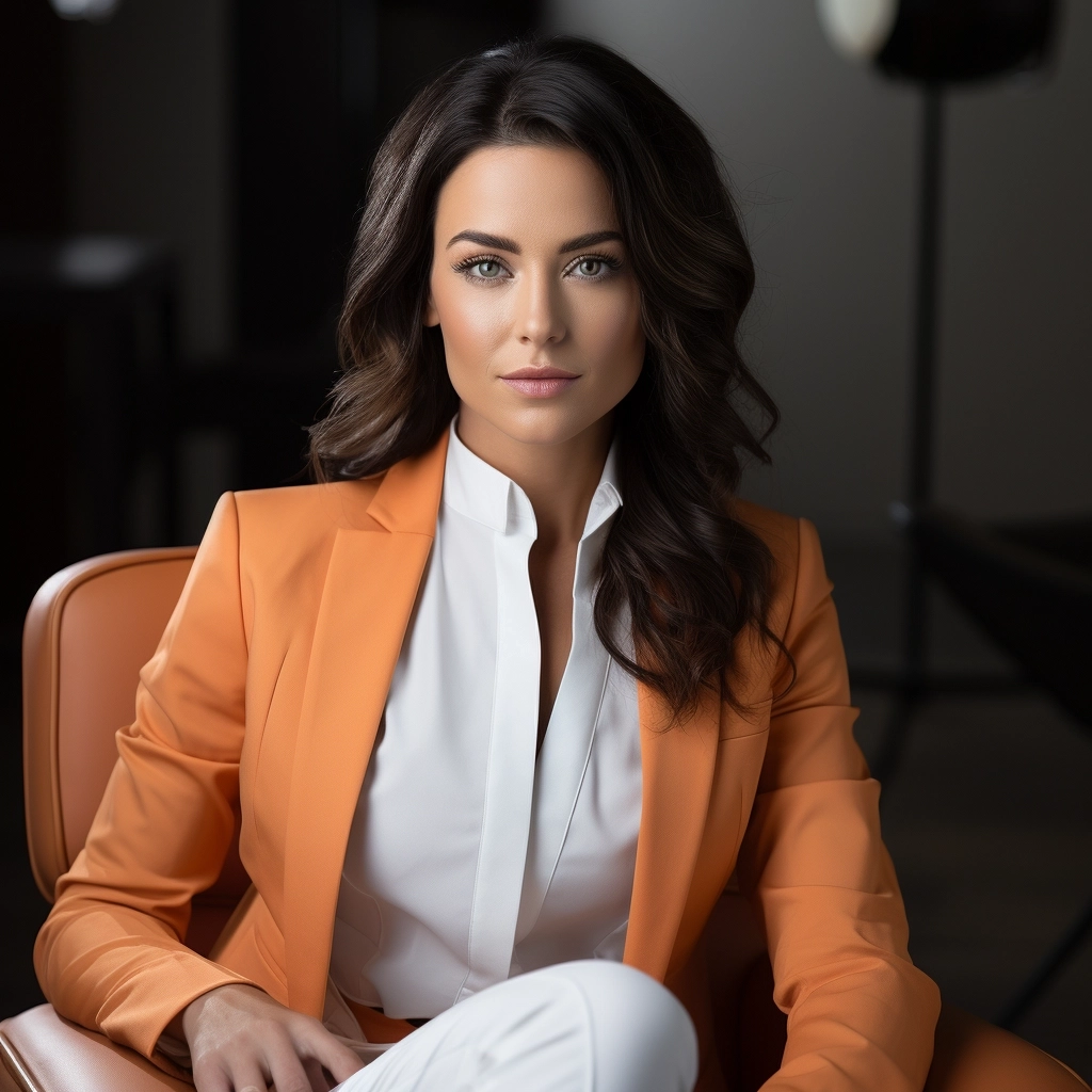 A medium shot of a white business woman wearing a white suits black hair , sitting on a chair, we can see her hand, captured with a Nikon D850 and a Nikon AF-S NIKKOR 70-200mm f/ lens