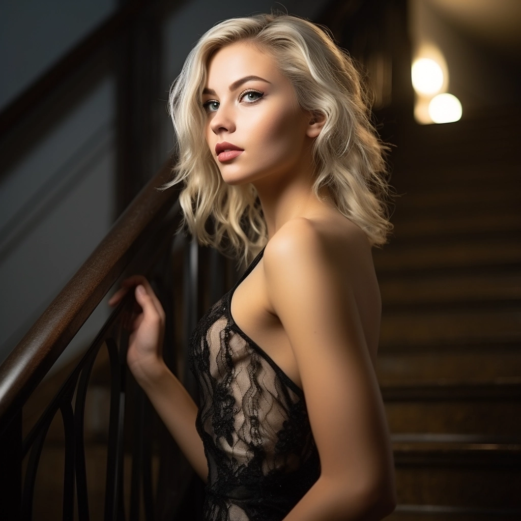 Girl back up the stairs head looking to the side, shoulder length blonde hair, in evening dress , photo shoot studio photo 4k