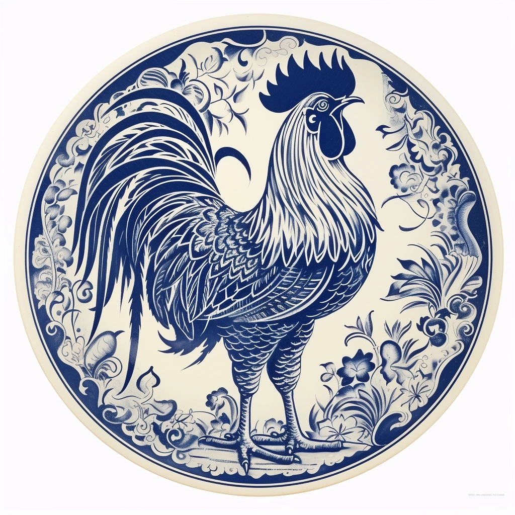 A drawing of a Chinese rooster, against a white background, in the style of wood engraving, dark blue and white, trashcore, canon 7, double lines, tondo, elongated