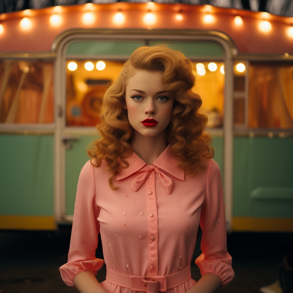 Nighttime photo from a Wes Anderson film, beautiful and glamorous vintage woman glamping, camper, camping, tent, Winnebago, vacation, woods, trees