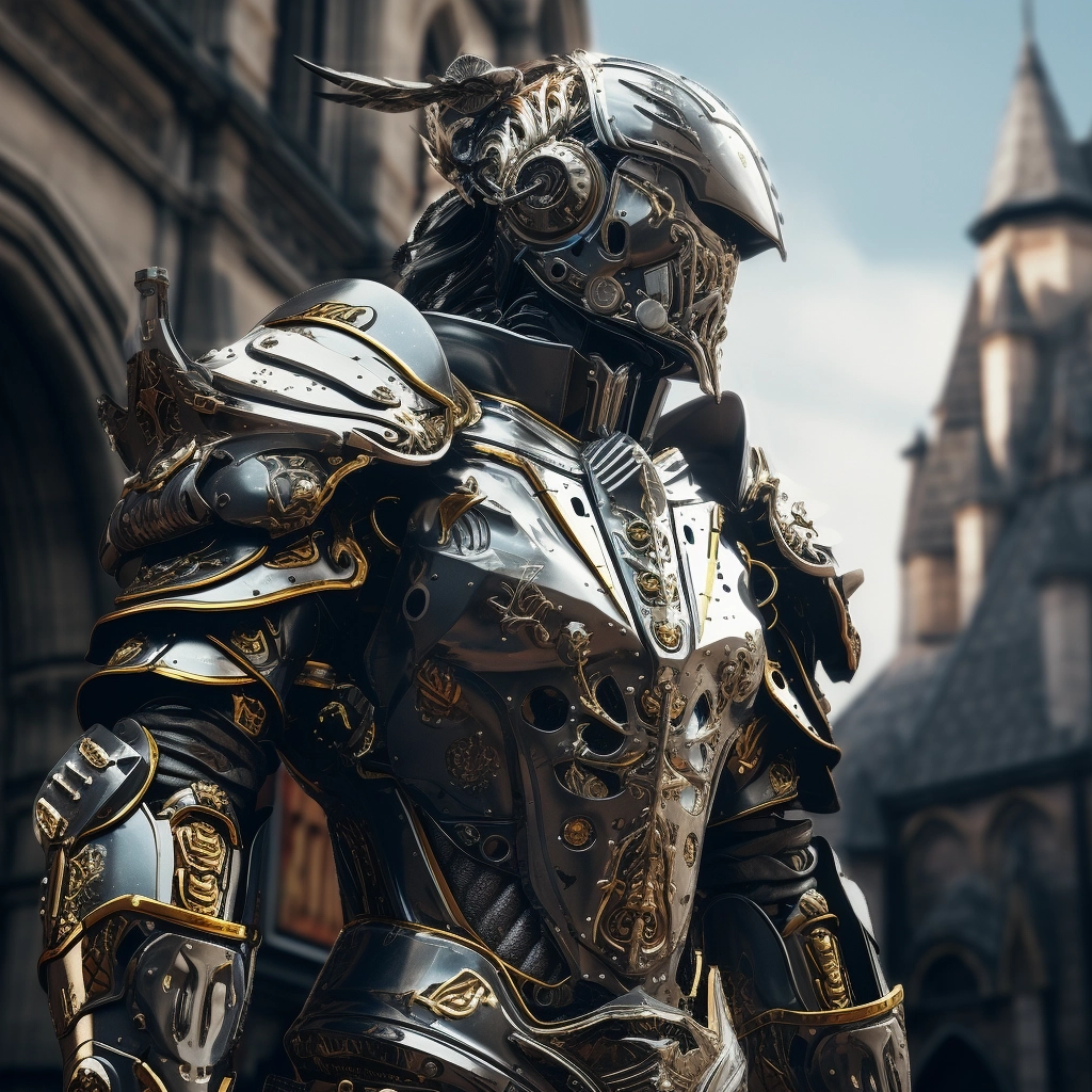 Medieval knight, made modern, fitted with cyberpunk weaponry, standing guard, 4k, ultra realistic.