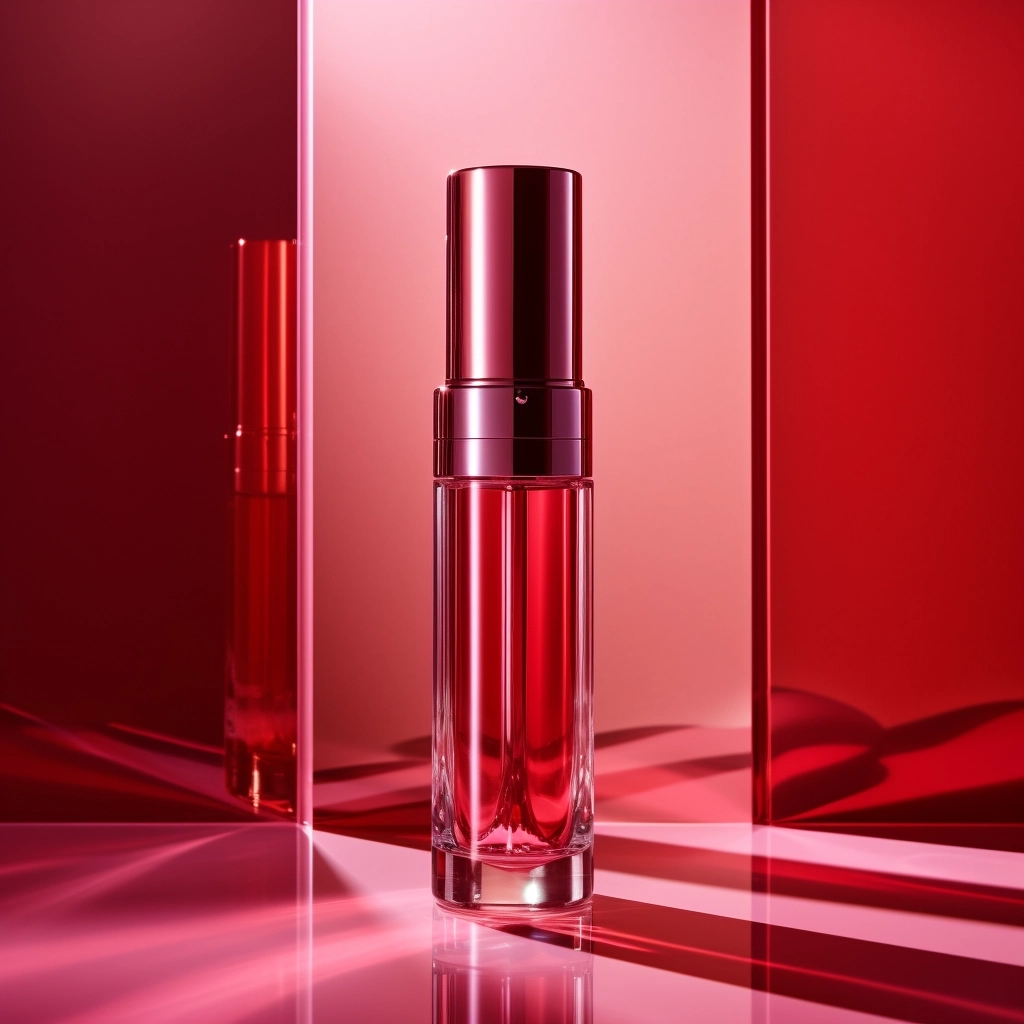 Cosmetic advertising photo, red transparent vertical cylindrical glass container, dramatic and strong light, impressive red shadow, background with shining light, true overhead view