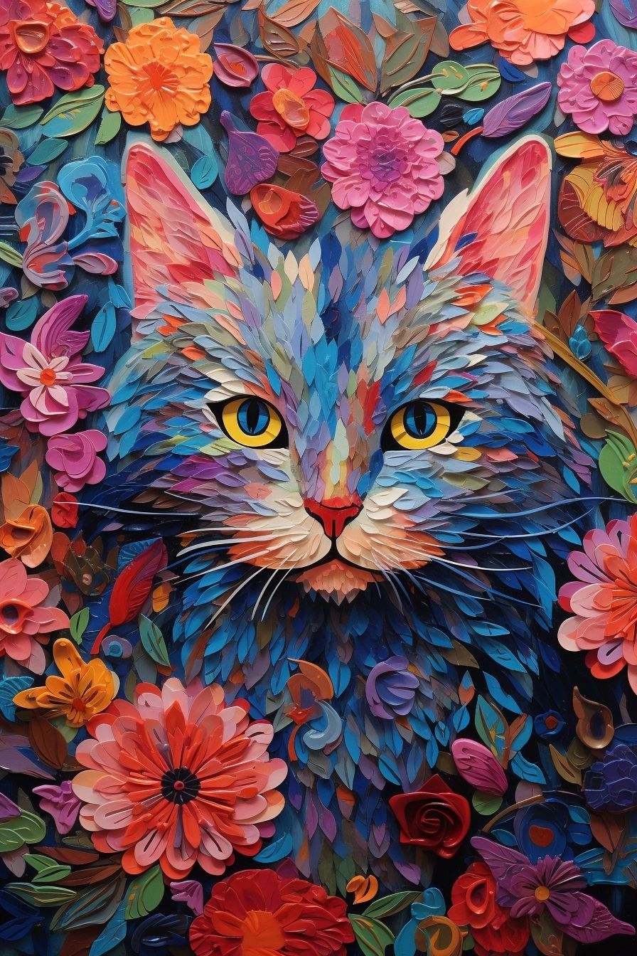 The painting is a colorful cat painting with flowers, in the style of thick impasto texture, multilayered dimensions, animated mosaics, light pink and dark blue,