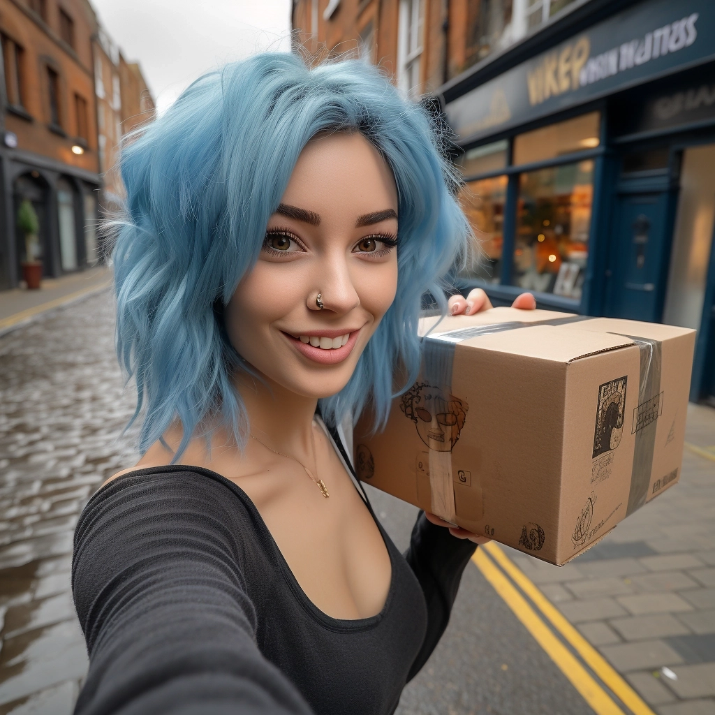 A photo realistic image of a trendy young lady with blue hair holding a parcel box taking a selfie in a london street ar 16:9