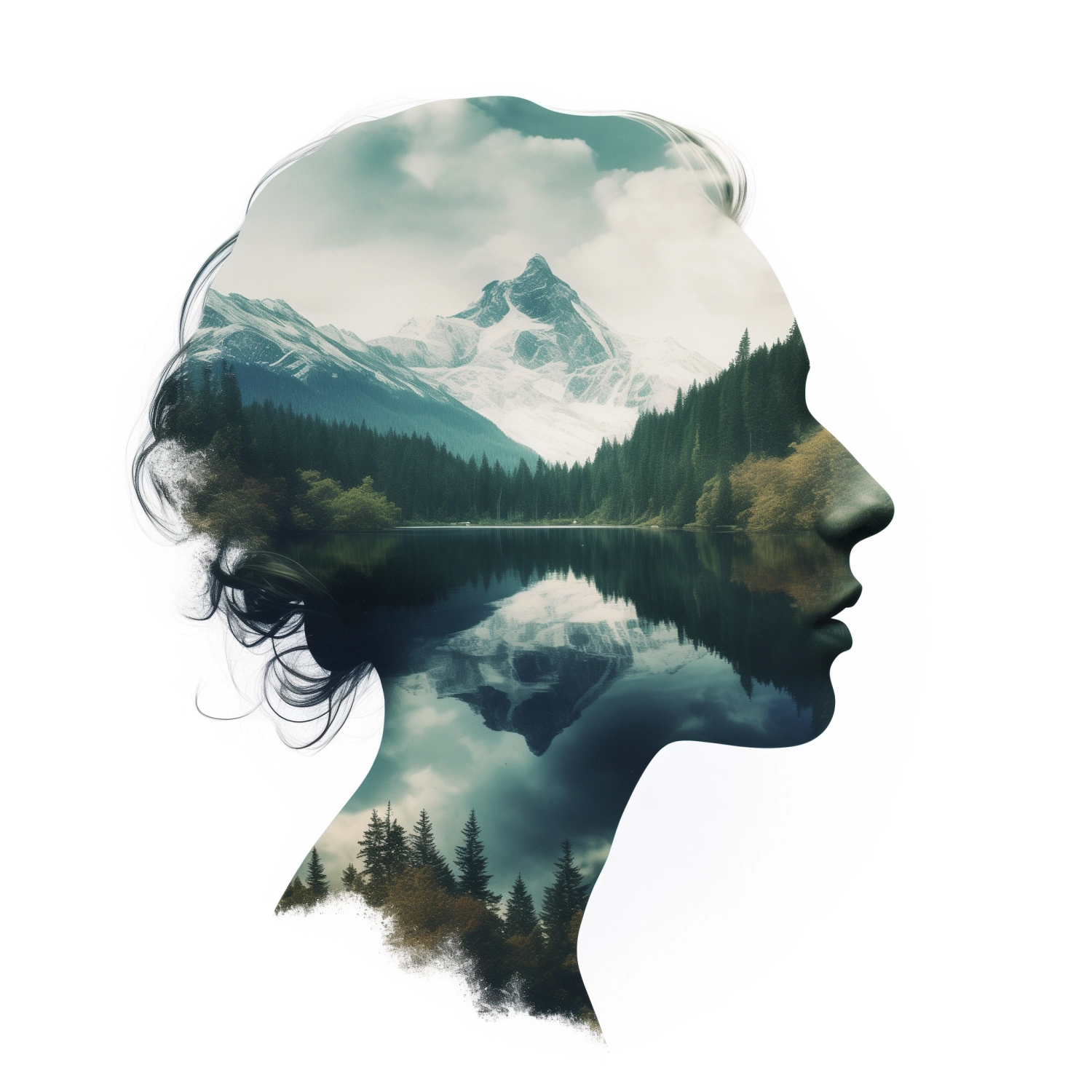 Double exposure portrait photography, nature mountains lakes rivers waterfalls