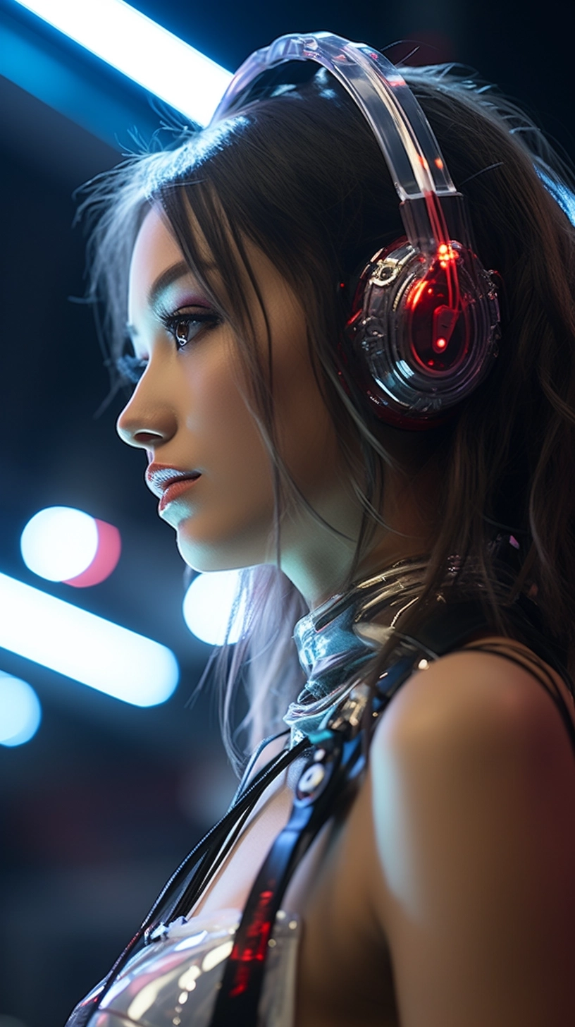 Side view close up portrait of a model thinking in cyberpunk outfit, halo, mirror effect on background, rembrandt lights, eos 5d mark IV, ef 50mm f 1.2