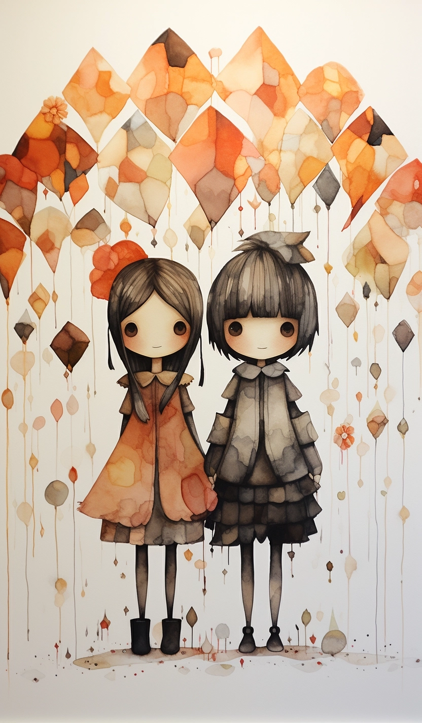 Adorable cute geometric figures , symmetrical , watercolor and ink, romantic aesthetic