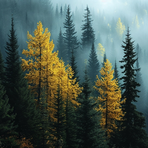 The land of pine trees, rain forest, mist, autumn fog, white spruce, tree wallpaper, in the style of ed freeman, dark yellow and dark emerald, focus stacking, intricate landscapes