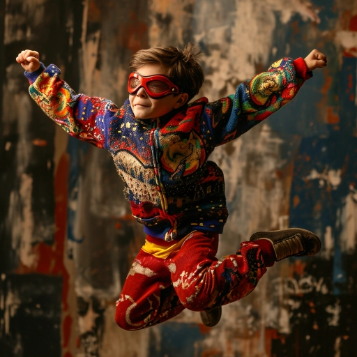 Atelier of ugly sweaters, the young superhero performs a powerful landing, traditional cell animation style, using patterns of klimt and hundertwasser