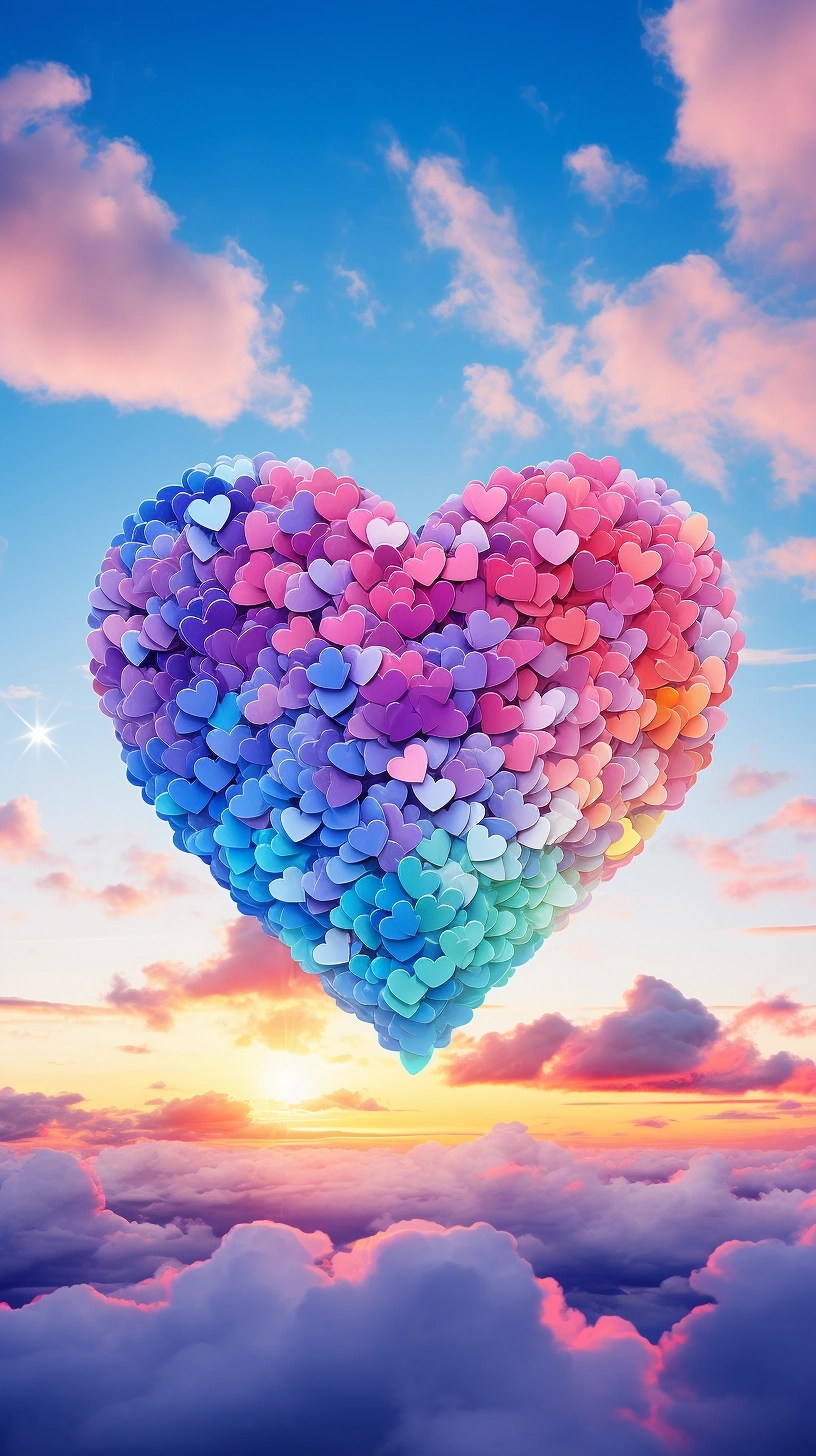 Rainbow love apk colorful heart shaped clouds sky wallpapers for android, in the style of psychedelic artwork, digitally manipulated images, dreamy and romantic compositions