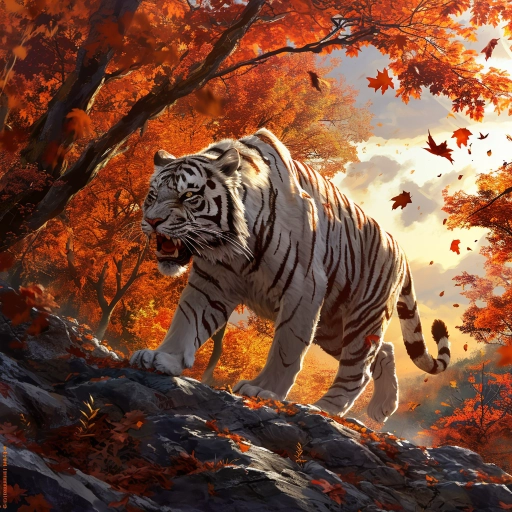 A mythical white tiger with its mouth open, walking down some rocks, in an autumn maple tree forest, with falling maple leaves, at sunset