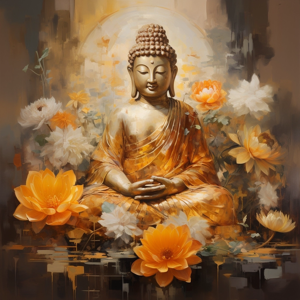 Oil painting of buddha with lotus, shades of yellow orange and gold, peaceful
