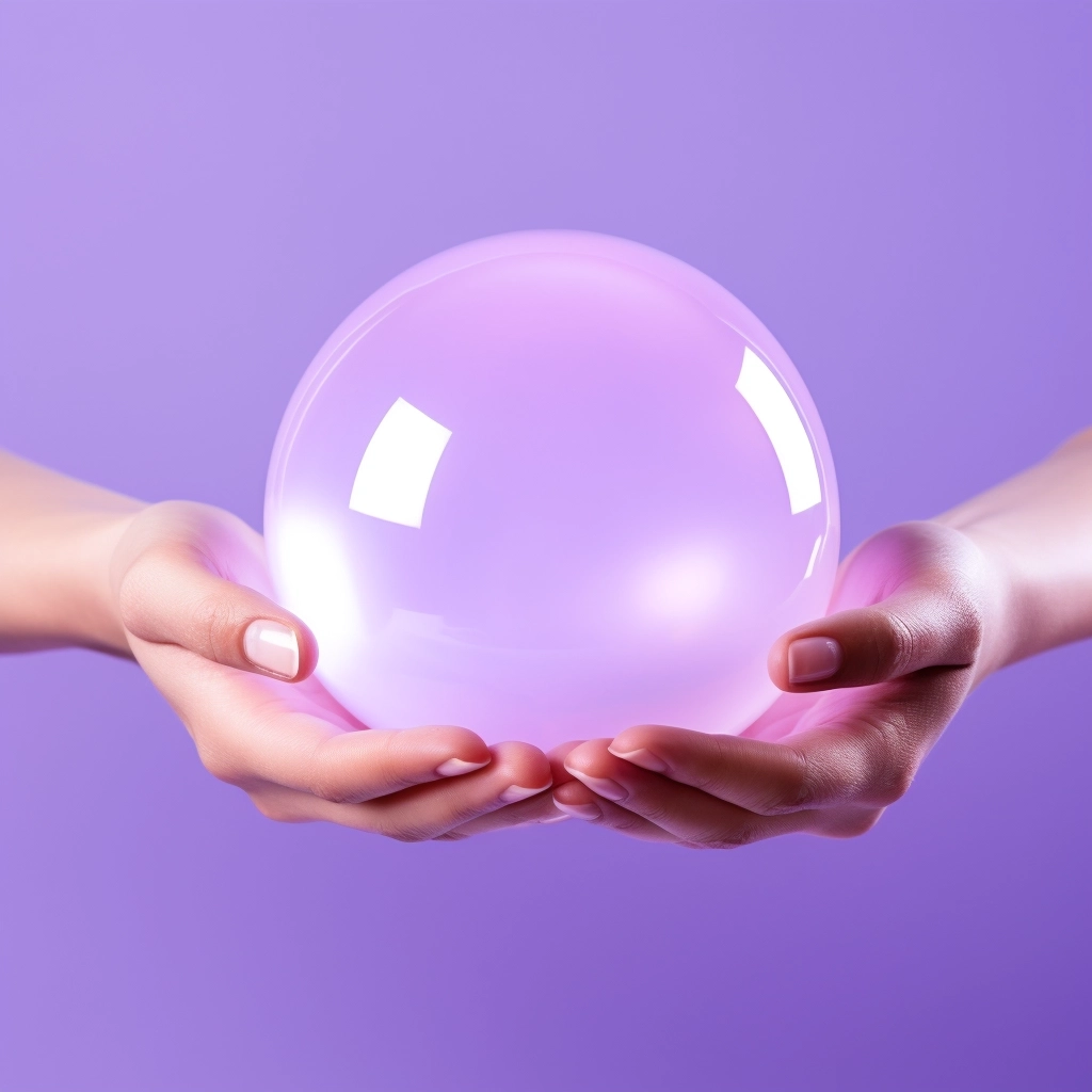 Two hands holding magic ball. light purple colors. solid background
