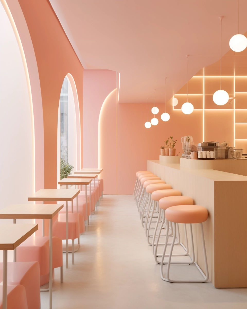 Pastel Backhoe ,minimalist cafe,design by Vaillo and Irigaray Architects