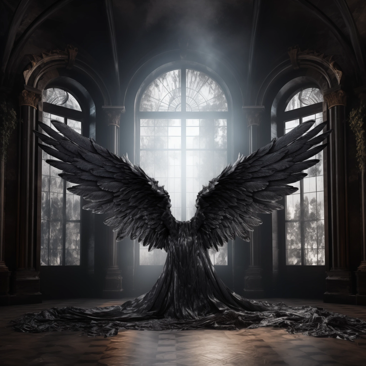 Black Angel Wings without an Angel in a barock Building with moonlight which co es through a window