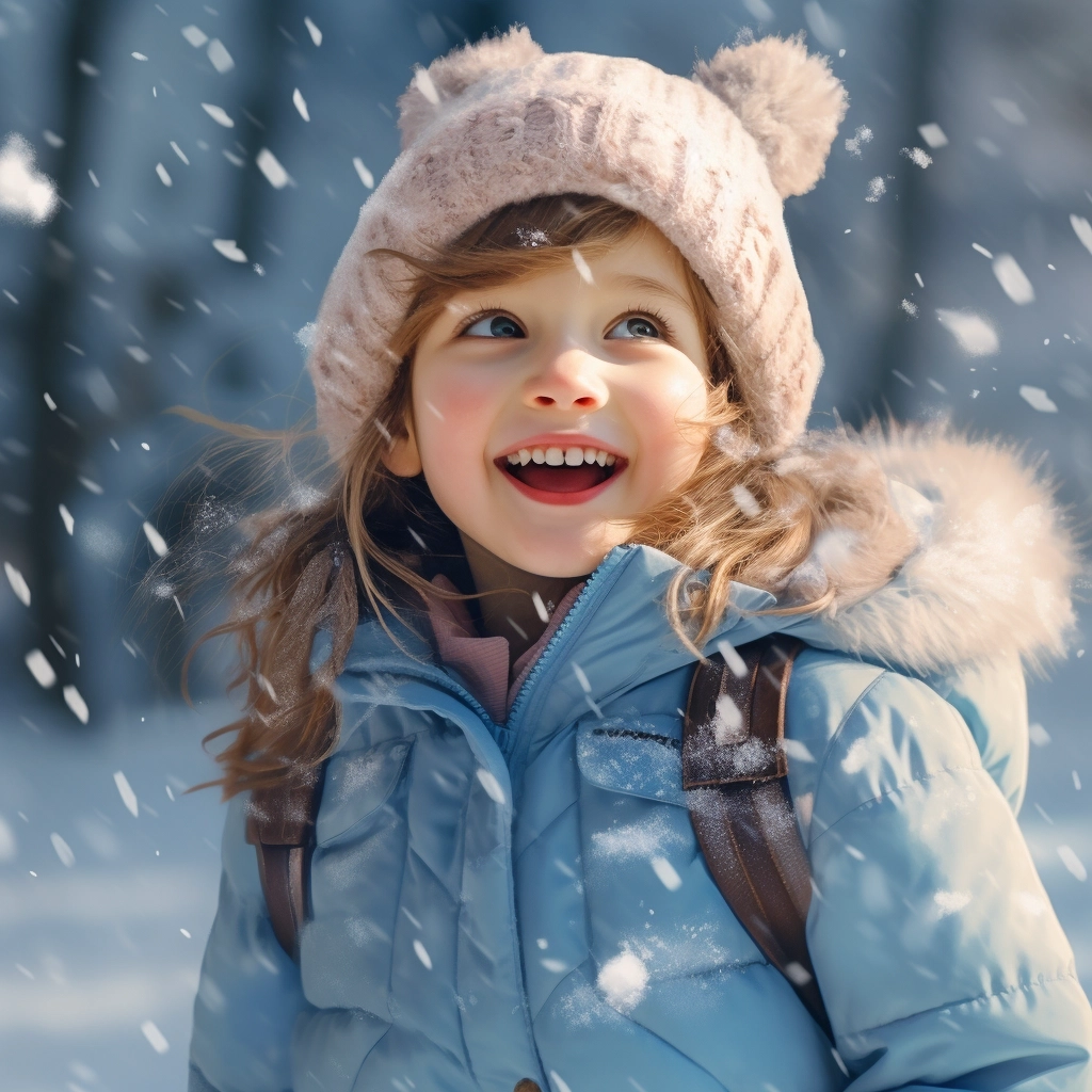 Playful little girl in the snow,wearing a bright down jacket, making snowballs, and exploring, with a background of pristine snowy landscape,expression of joy and curiosity,winter wonderland