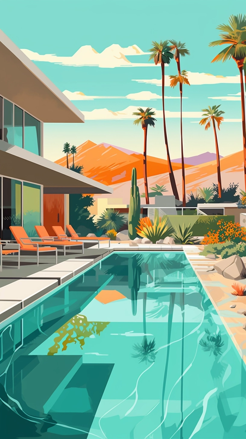 Mid century modern Palm Springs views, blend of comic book and line art in full natural colors