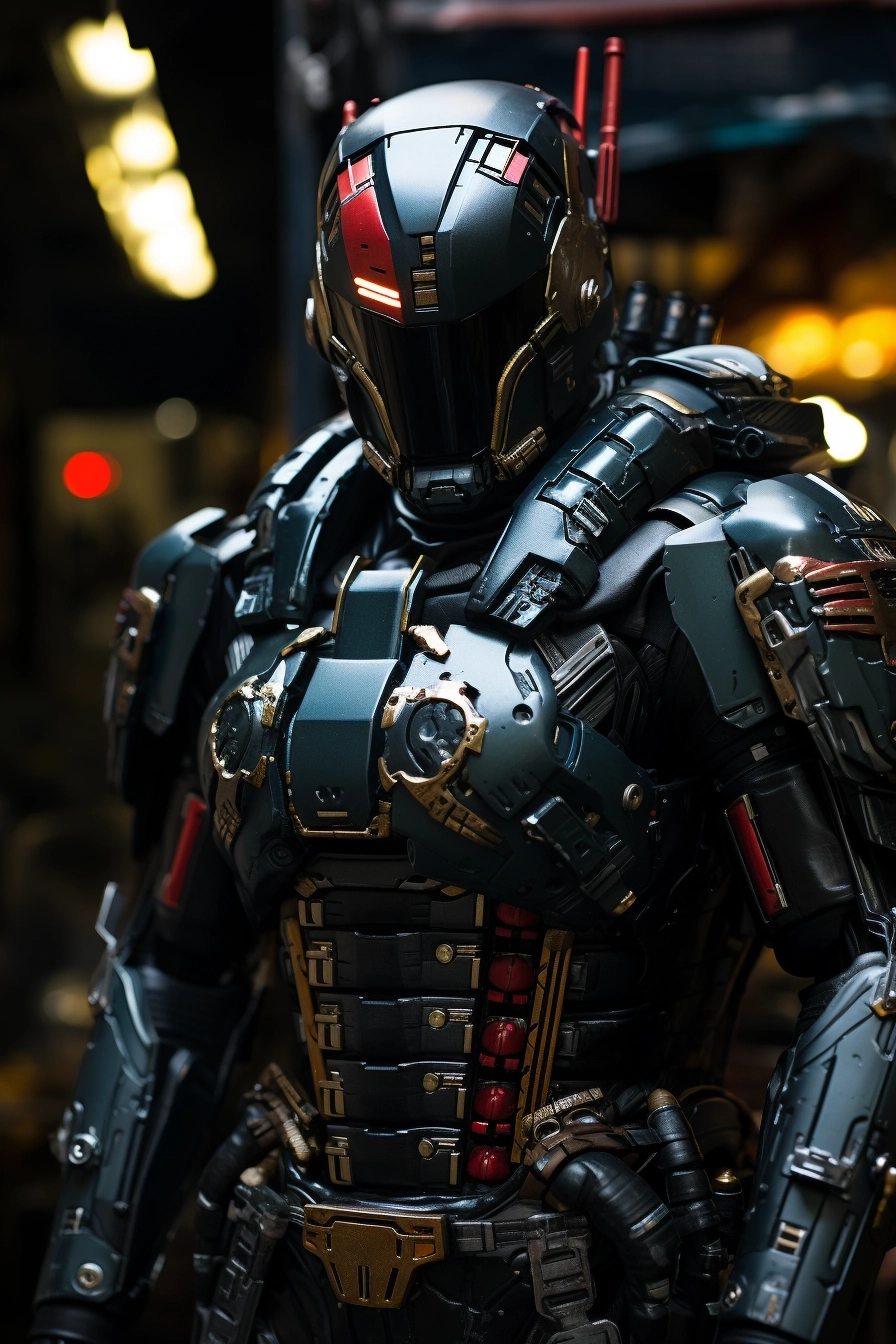 Cyberpunk bounty hunter in armor from the future, in a crowded underground club, 12k
