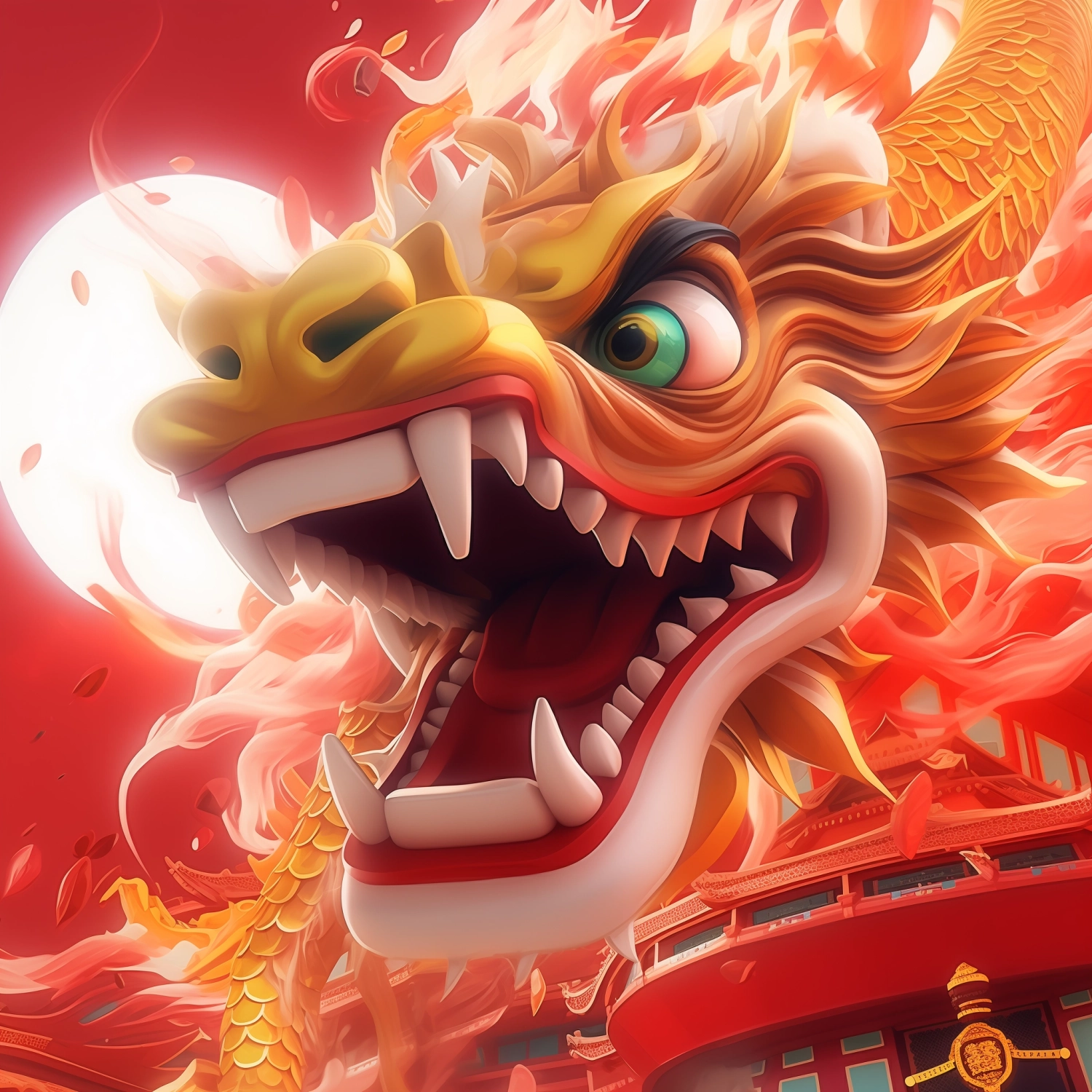 Chinese dragon head and a little girl sitting on head top, c4d or 3d style, oc, 8k, red background, the dragon part imitation