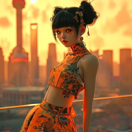 Firegenta girl in a vibrant, kawaii art-inspired dress, glowing with exotic realism and intense manga vibrancy, set against a high dynamic range golden hour cityscape animated Daz3D style