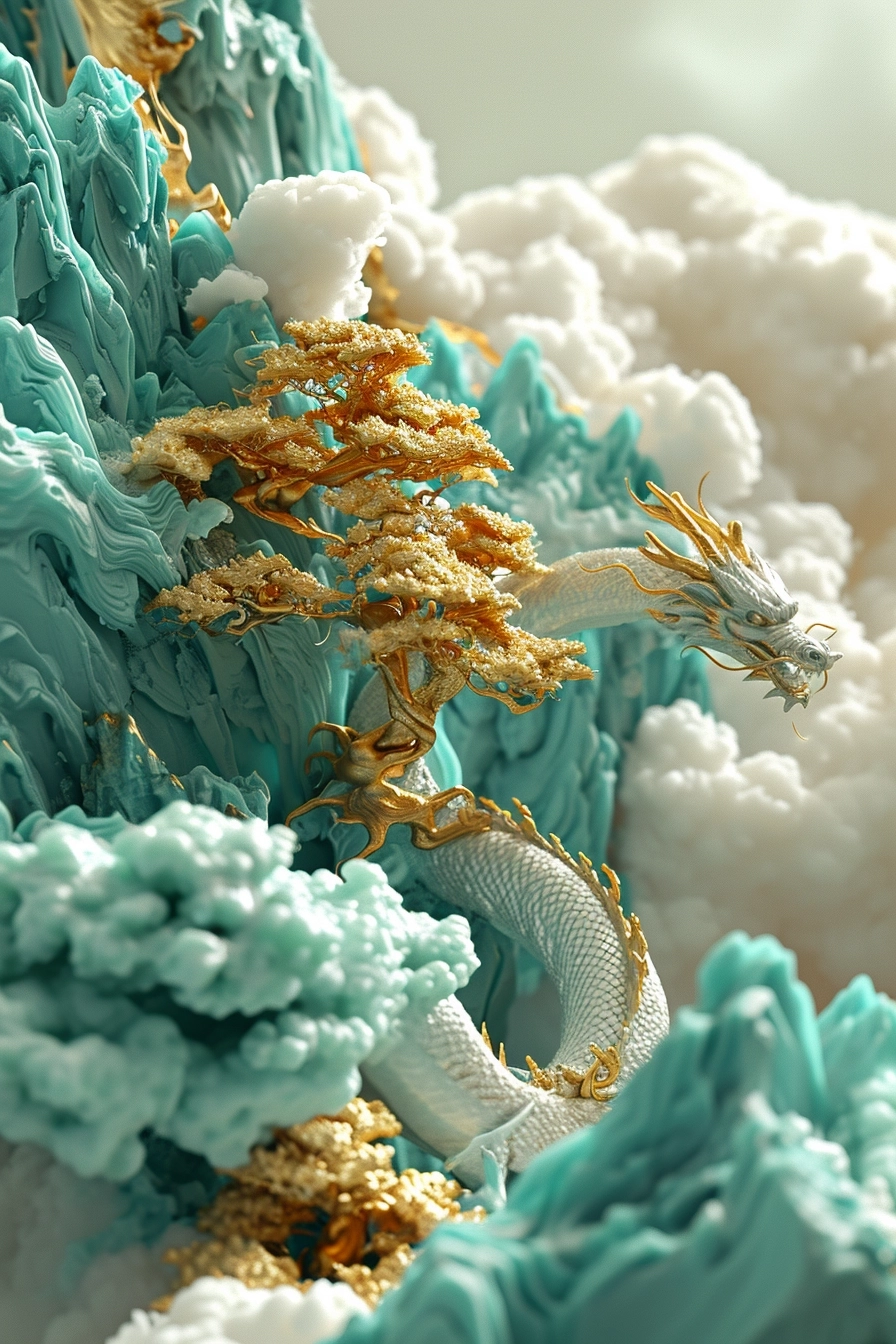 Miniature landscape,golden dragon on clouds,jade sculpture,zbrush,green and gold style,anime aesthetics,furry art,cyan and white,elaborate,3d,c4d rendering,8k,super high detail