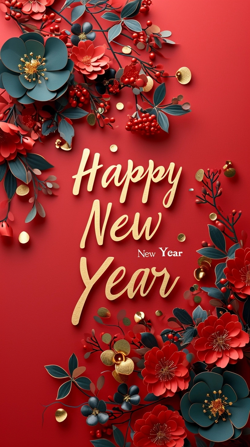 On a red background, it says "Happy New Year" in gold