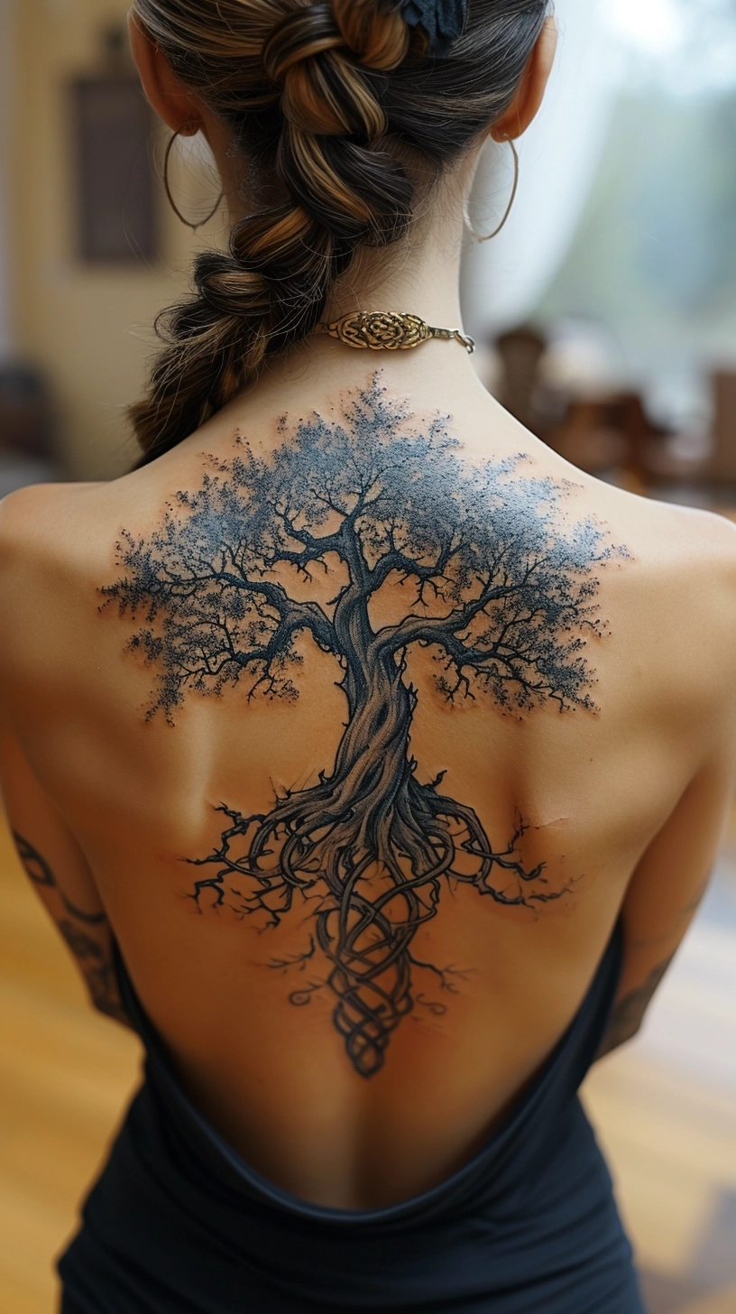 Tattoo: Intricate Celtic Tree of Life - A detailed Celtic Tree of Life, with interwoven branches and roots, suitable for a woman's back.