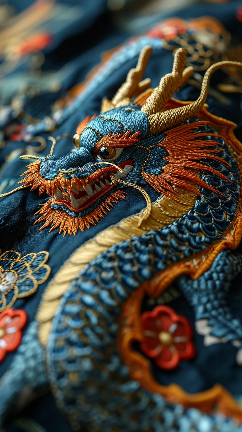 Chinese double-side embroidery art product featuring,The traditional Chinese auspicious pattern of blue and gold dragon, extremelv delicate stitches,photorealistic 8k,depth of field,