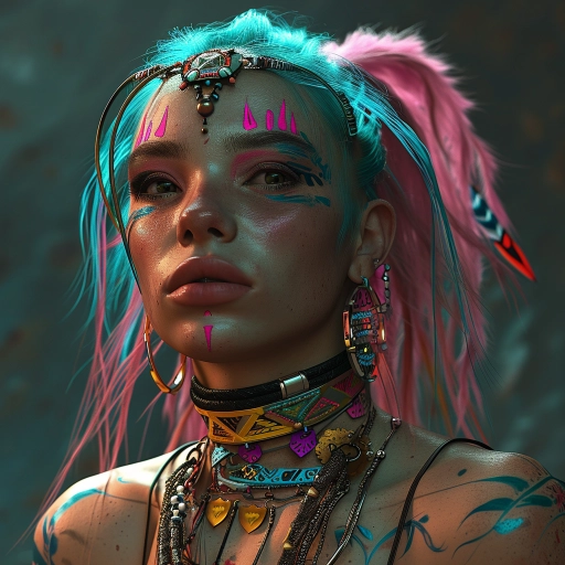 closeup::1 vogue pastel fashion shoot::1 eccentric Siberian tribe body-positive woman::1 standing in desert::1 with perfect modelface and long neon pastel hair