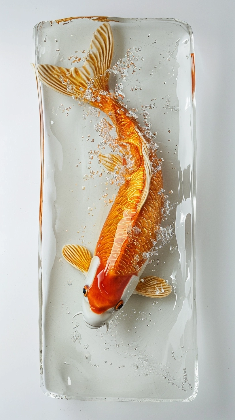 Top view, Rectangular ceramics tray, filled with water, A quiet gold Koi carp sinks in the water, glass as material, soft and rounded forms, White background